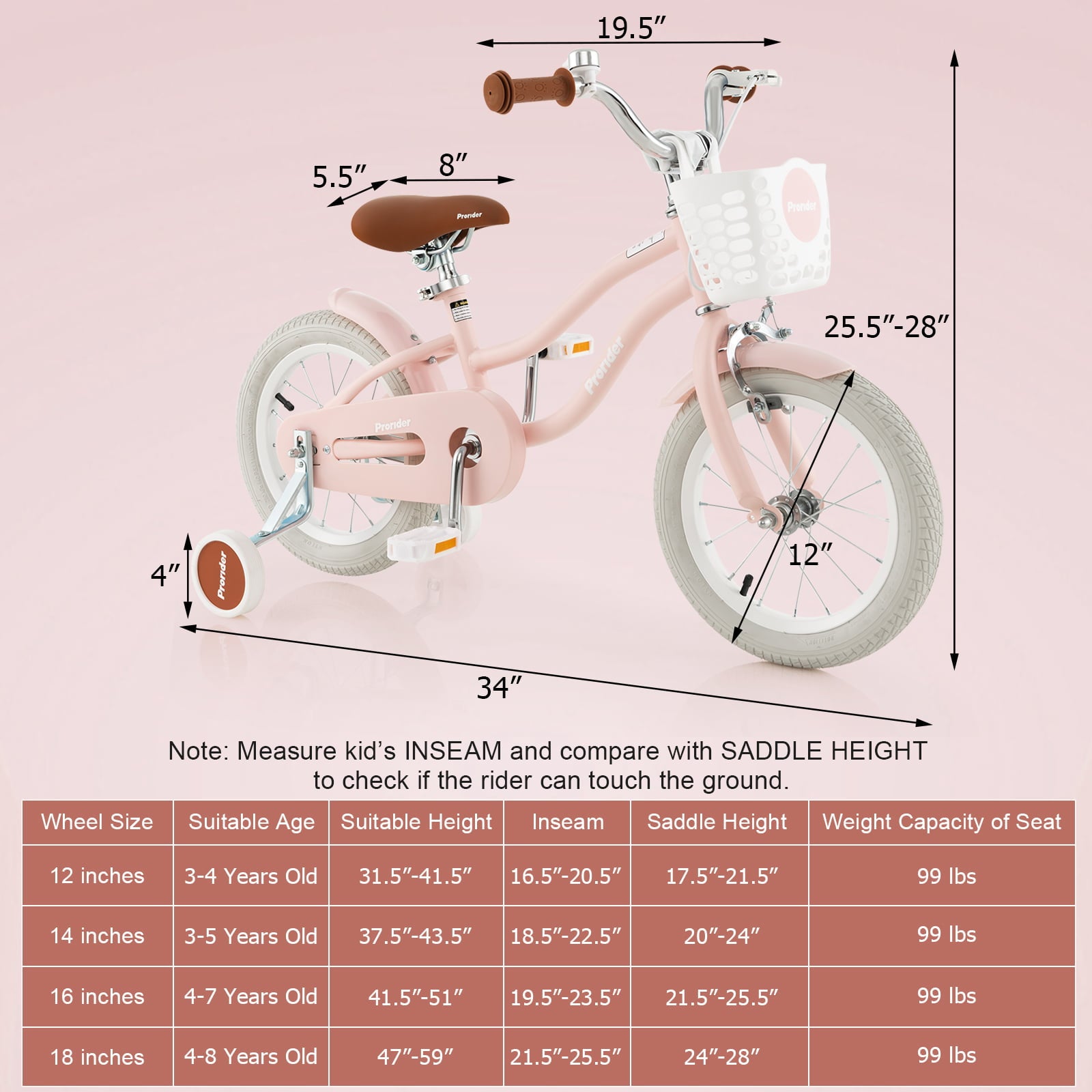 12 Inch Kids Bike With Training Wheels, Ages 3-8 Years, Pink Kids Bike at Gallery Canada