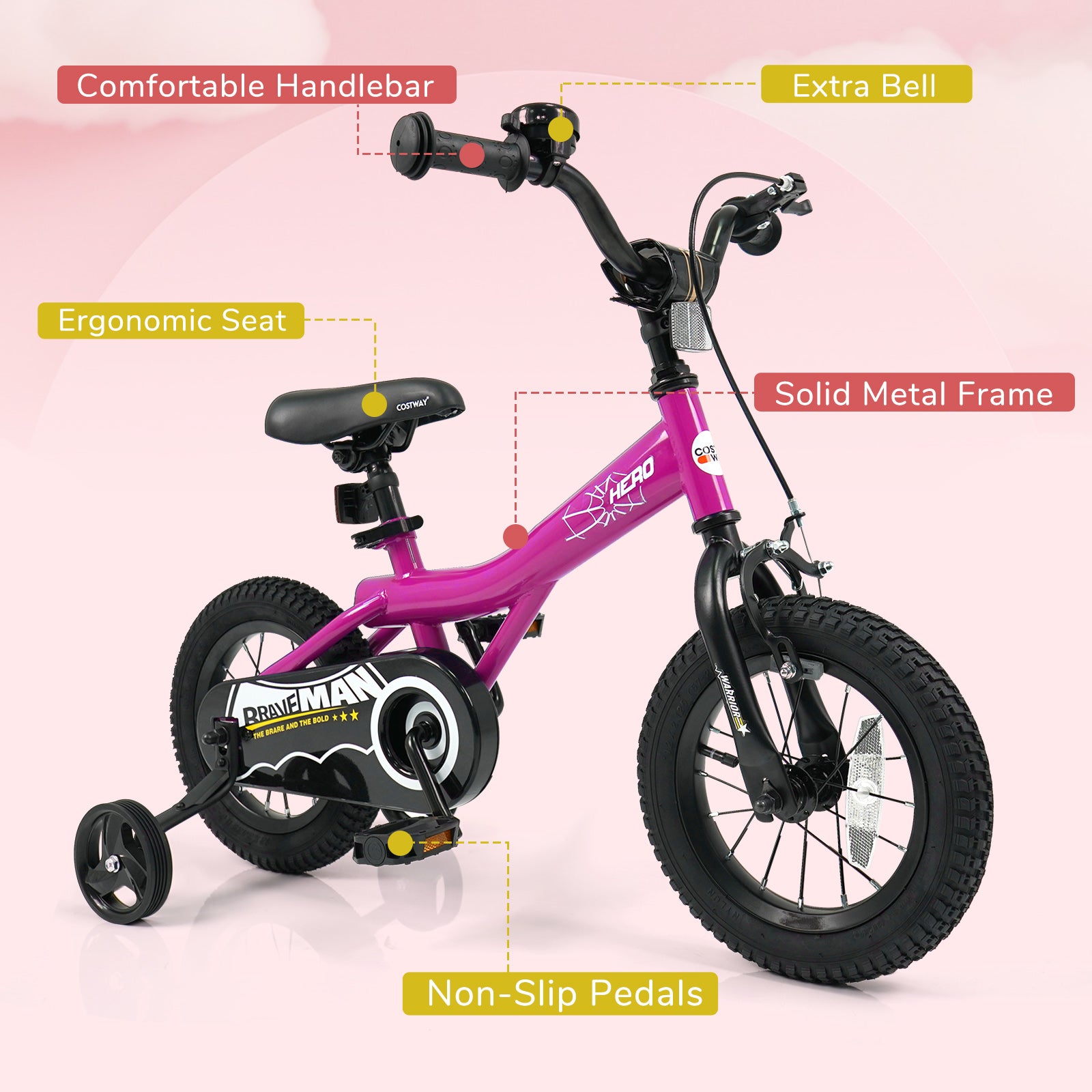 12-Inch Kids Bike With Removable Training Wheels, Brave Hero, Pink Scooters at Gallery Canada