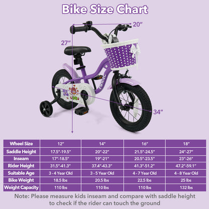 12 Inch Kids Bike with Training Wheels for Aged 3-4 Years Old - Magic Purple, Purple Kids Bike at Gallery Canada
