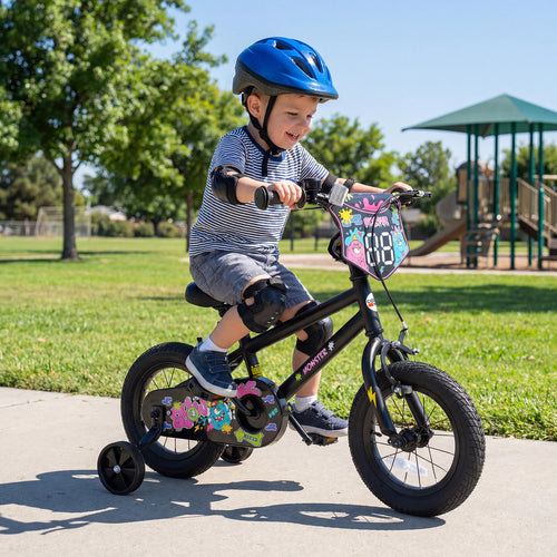 12 Inch Kids Bike with Training Wheels for Ages 3-4 Years Old Black- Street Art Time, Black