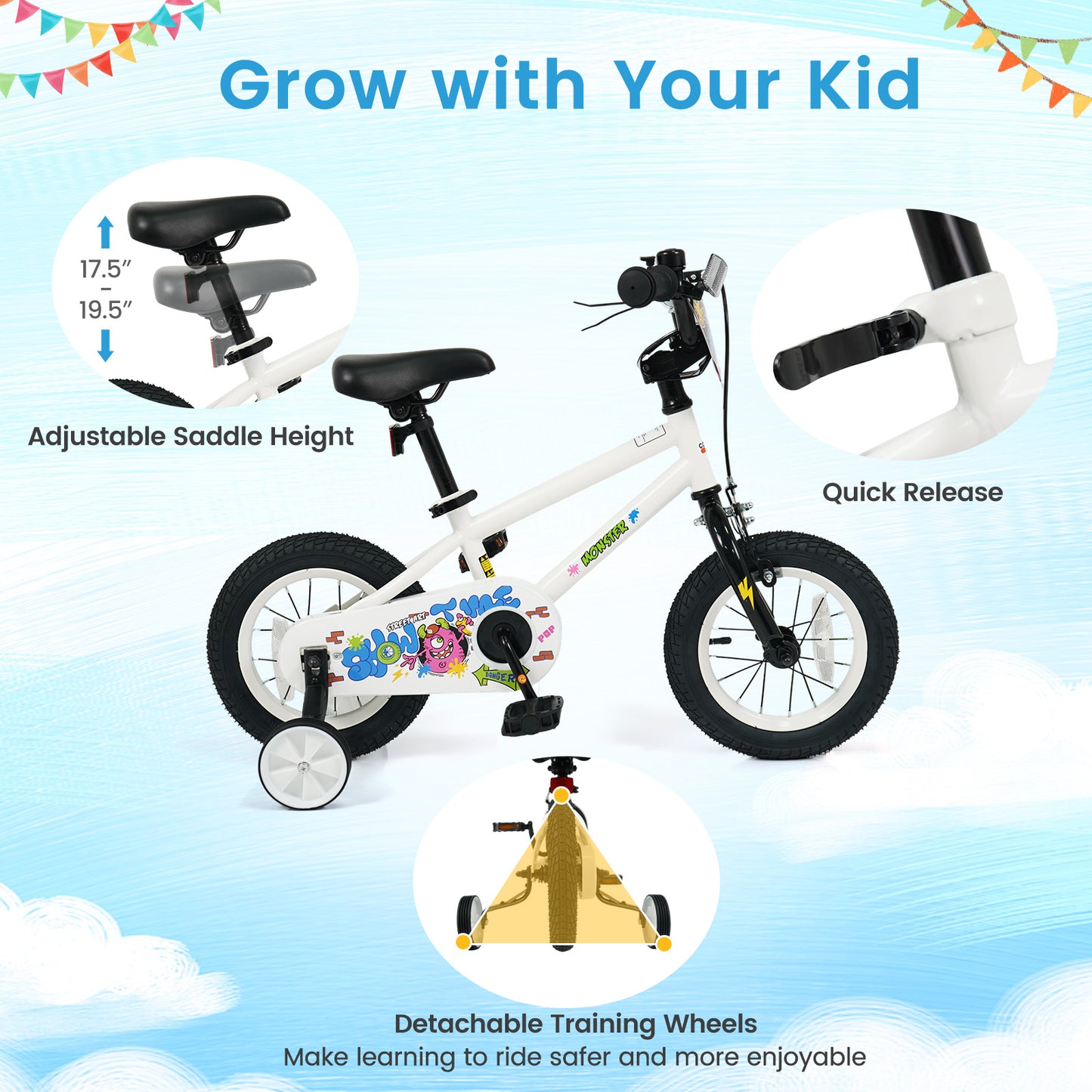 12 Inch Kids Bike with Training Wheels for Ages 3-4 Years Old White- Street Art Time, White Kids Bike at Gallery Canada