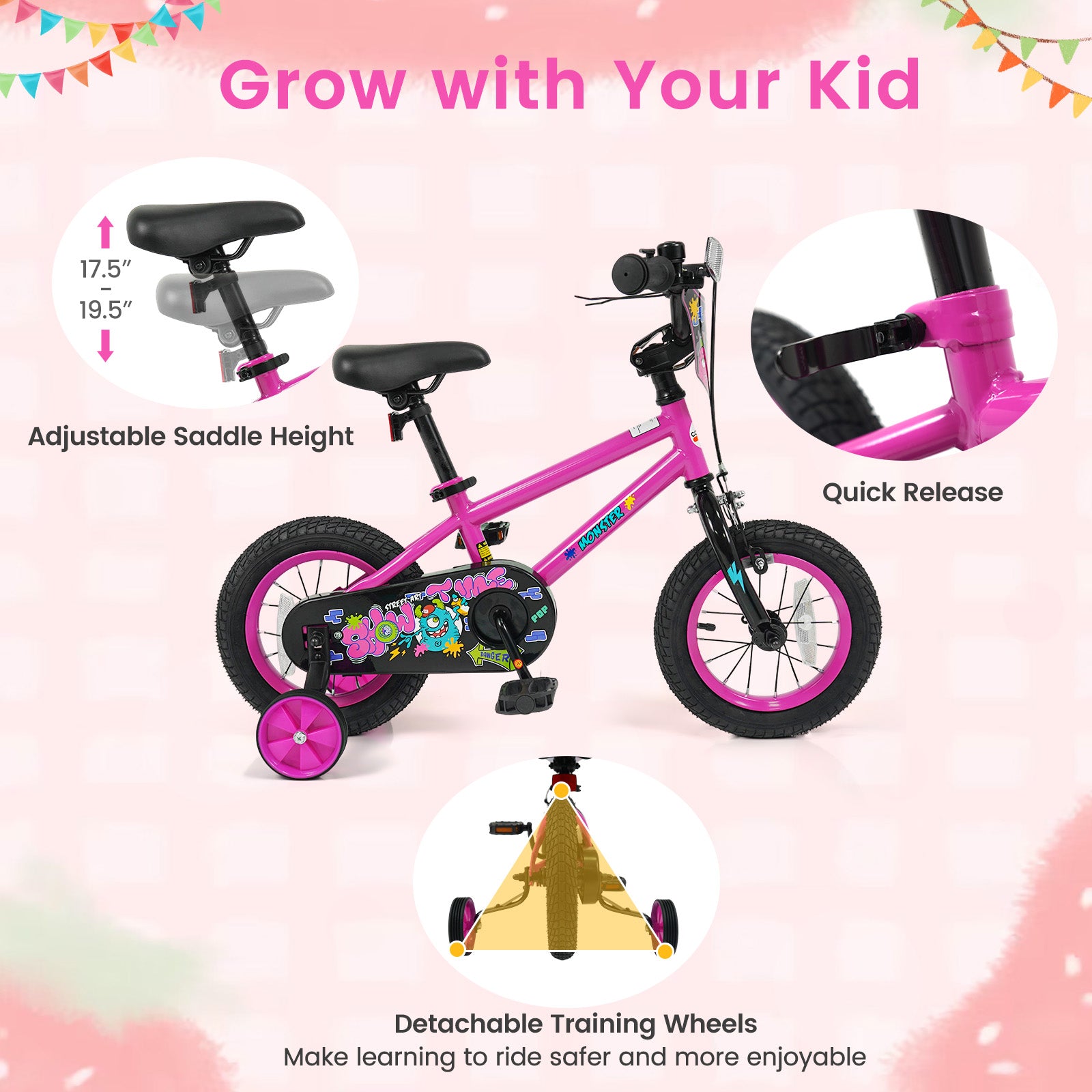 12 Inch Kids Bike with Training Wheels for Ages 3-4 Years Old Pink- Street Art Time, Pink Kids Bike at Gallery Canada