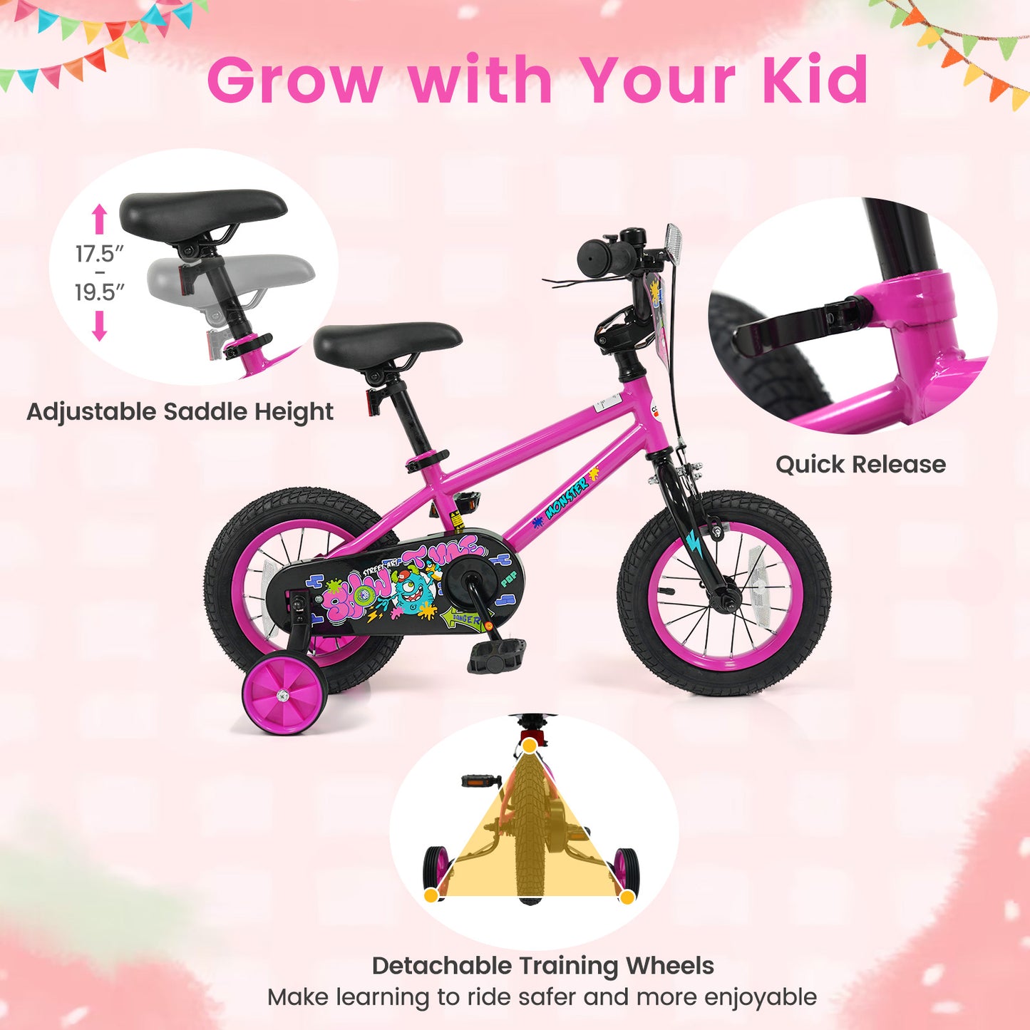 12 Inch Kids Bike with Training Wheels for Ages 3-4 Years Old Pink- Street Art Time, Pink Kids Bike at Gallery Canada