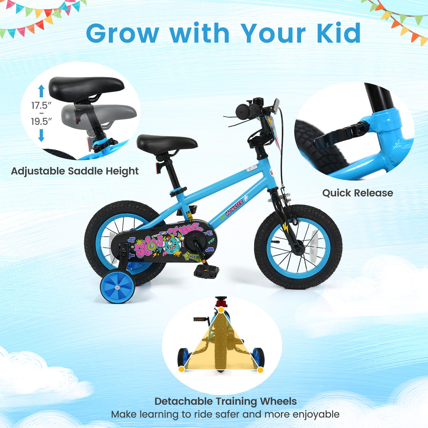 12 Inch Kids Bike with Training Wheels for Ages 3-8 Years Old Blue- Street Art Time, Blue Kids Bike at Gallery Canada
