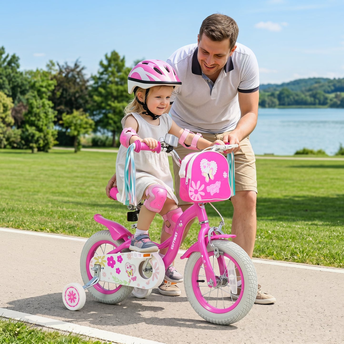 12" Girls Bike with Front Bag, Ages 3-4, Pink