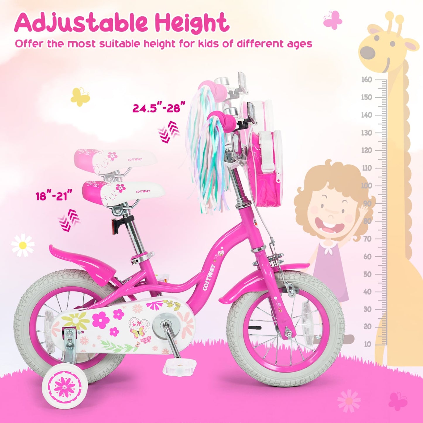 12" Girls Bike with Front Bag, Ages 3-4, Pink