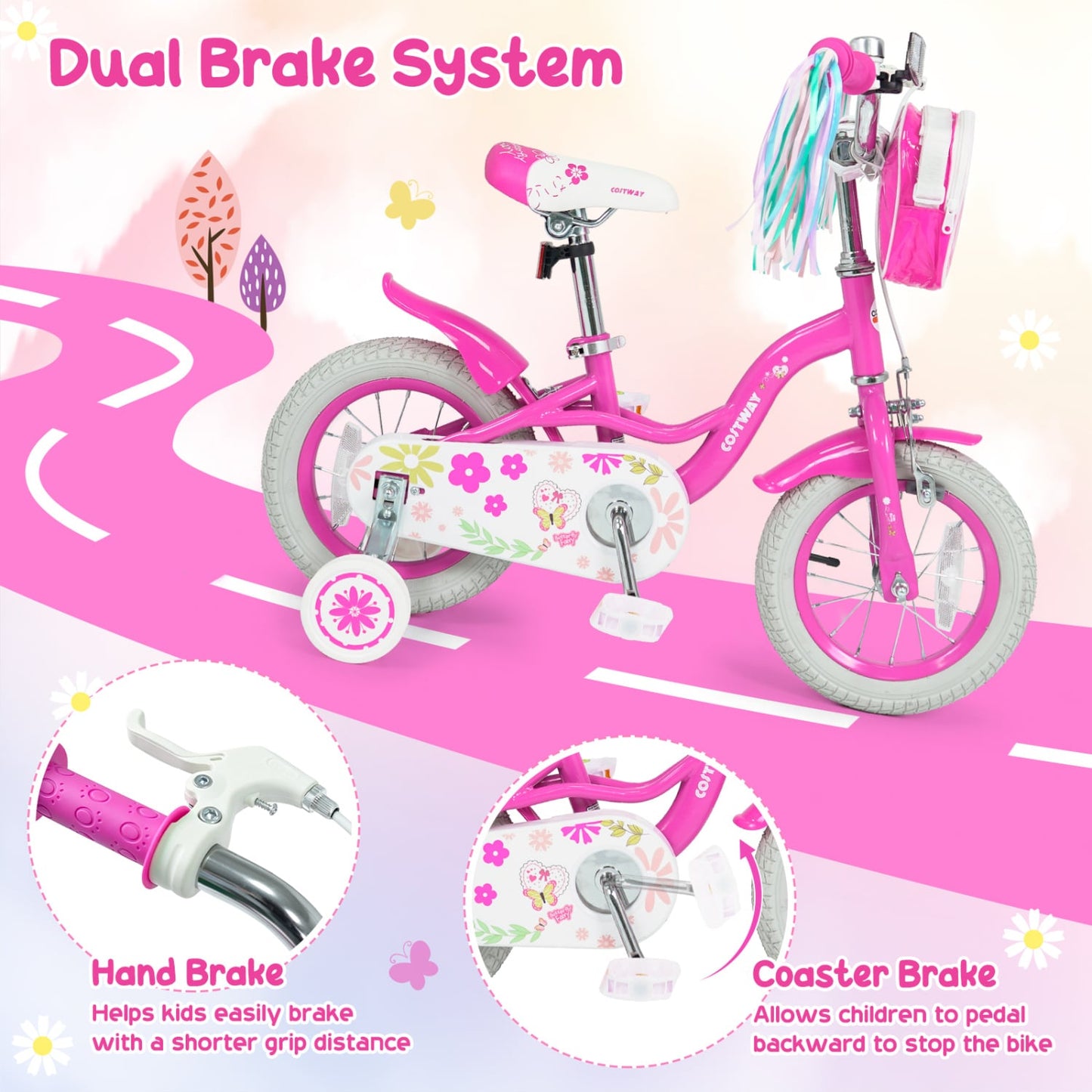 12" Girls Bike with Front Bag, Ages 3-4, Pink