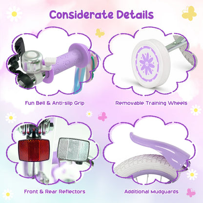 12 Inch Girls Bike with Front Bag, Streamers, Purple