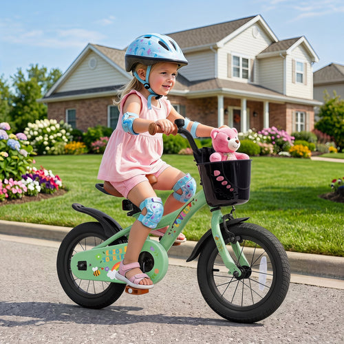 12 Inches Girls Bike for 3-8 Years, Basket, Spring Party, Green