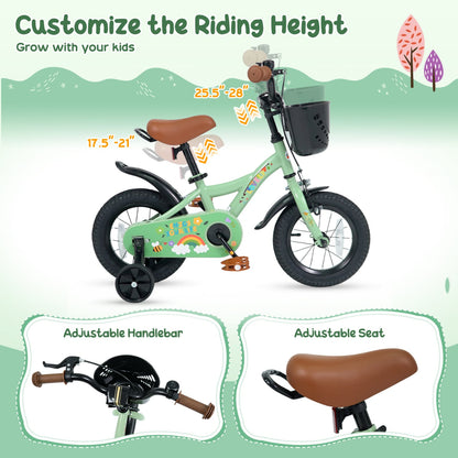 Vélo pour filles de 12 pouces pour 3-8 ans, panier, fête de printemps, vert