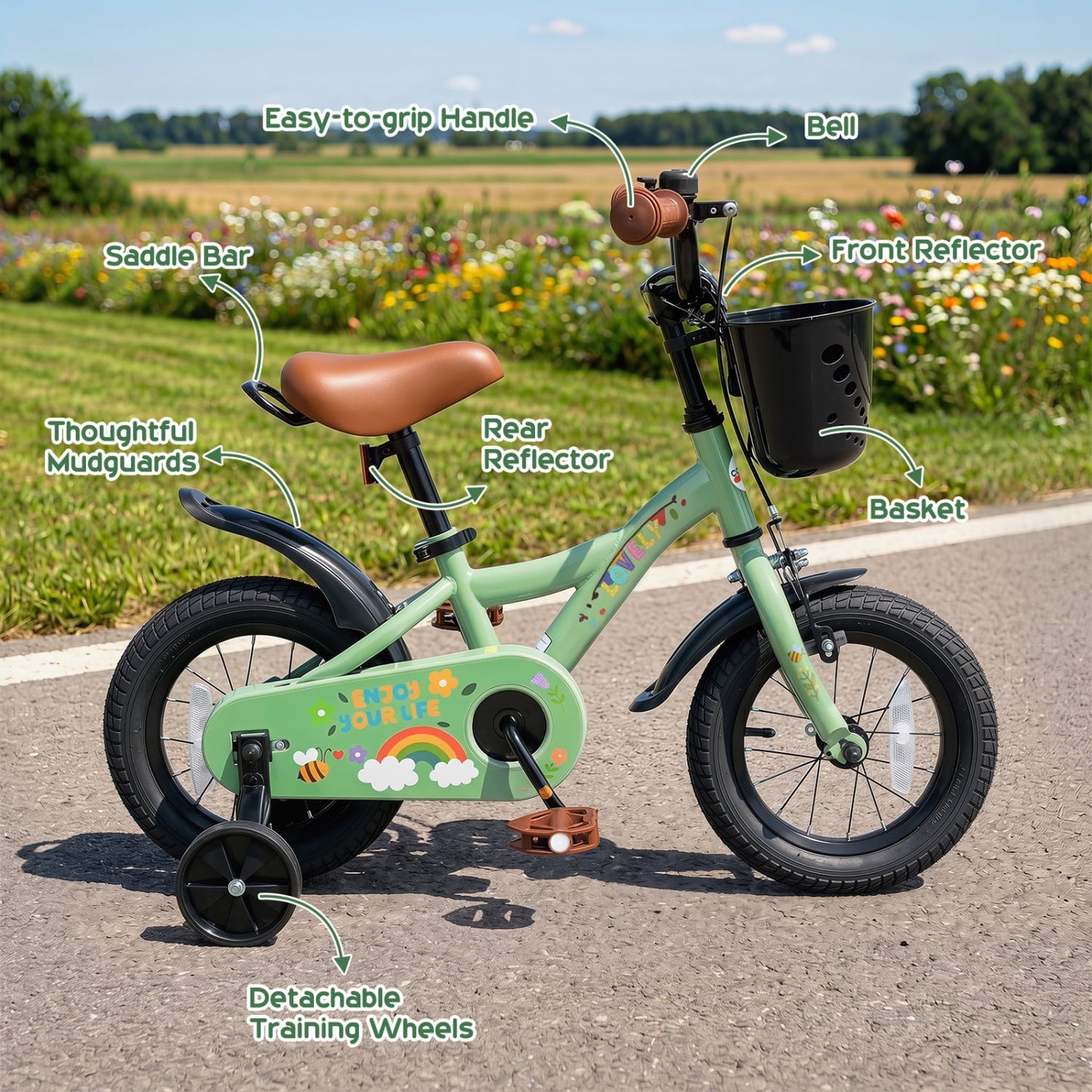 Vélo pour filles de 12 pouces pour 3-8 ans, panier, fête de printemps, vert