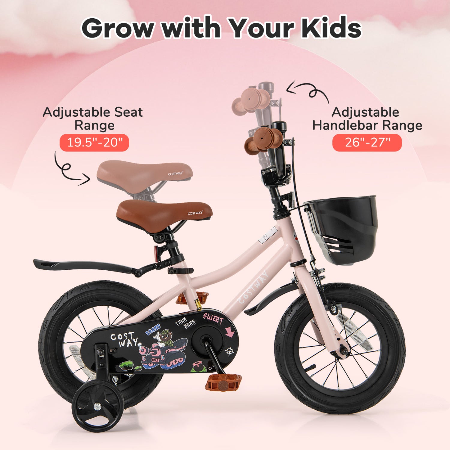 12 Inches Kids Bike With Basket, Adjustable Handlebar, Pink Kids Bike at Gallery Canada