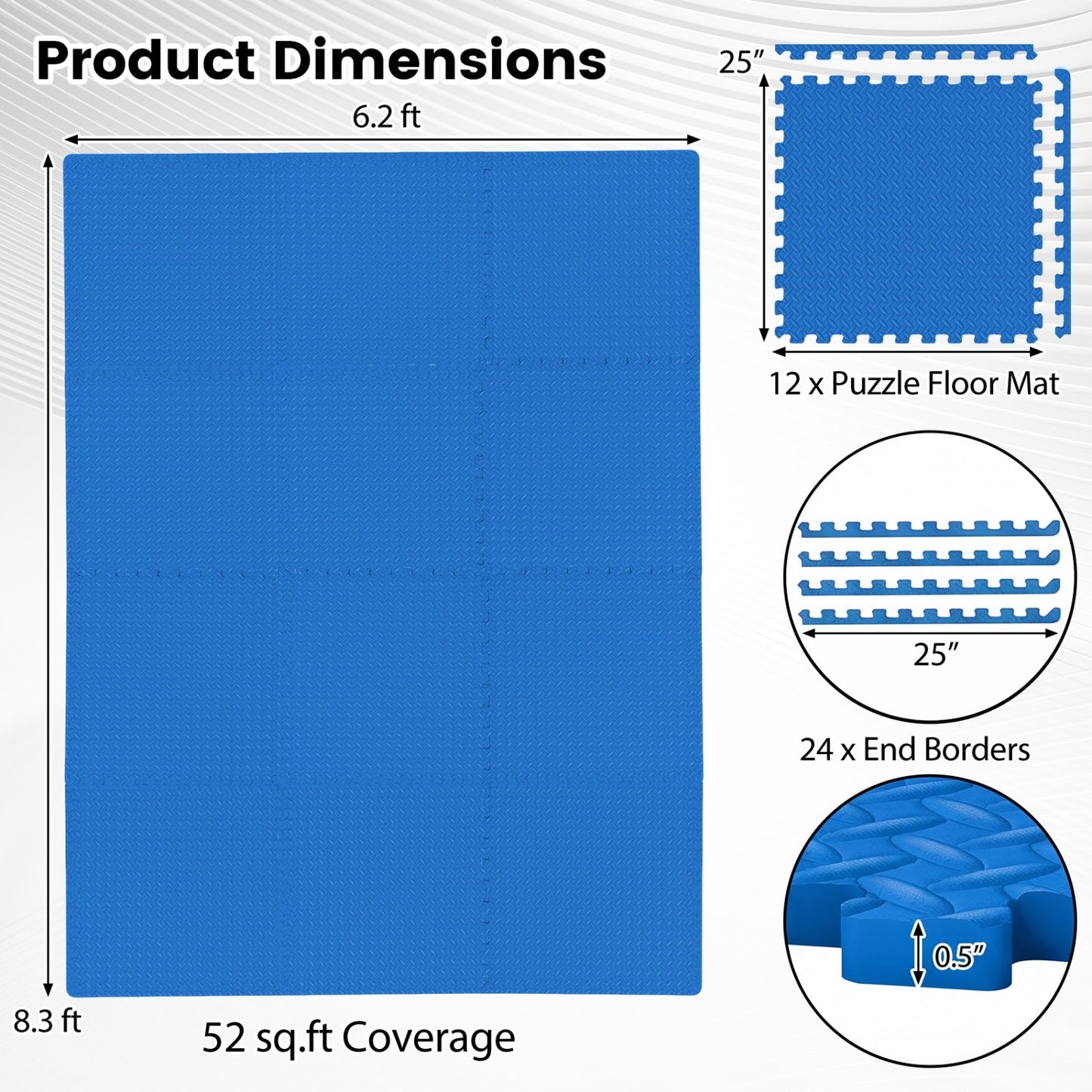 12 Tiles 1/2" Puzzle Exercise Floor Mats, Blue