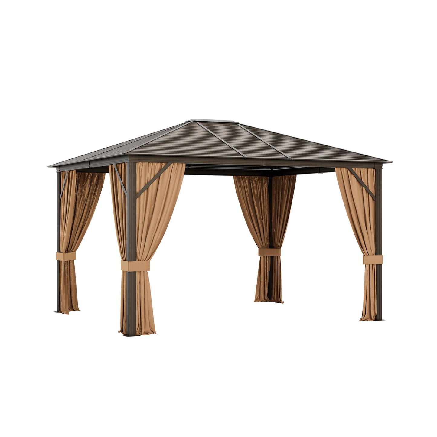 12 x10 Feet Outdoor Hardtop Gazebo with Galvanized Steel Top and Netting, Brown Gazebos Brown at Gallery Canada