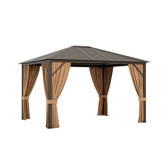 12 x10 Feet Outdoor Hardtop Gazebo with Galvanized Steel Top and Netting, Brown Gazebos Brown at Gallery Canada