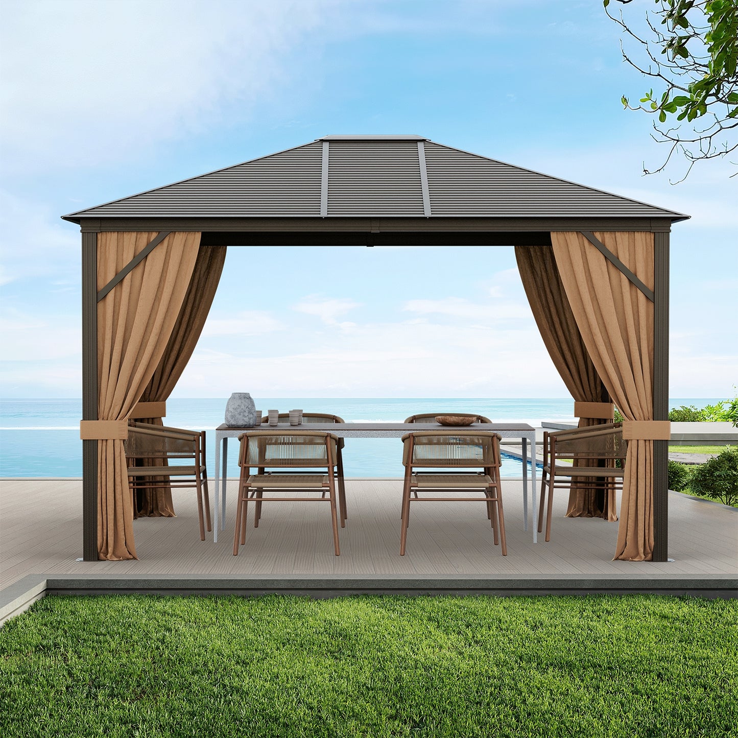 12 x10 Feet Outdoor Hardtop Gazebo with Galvanized Steel Top and Netting, Brown Gazebos at Gallery Canada