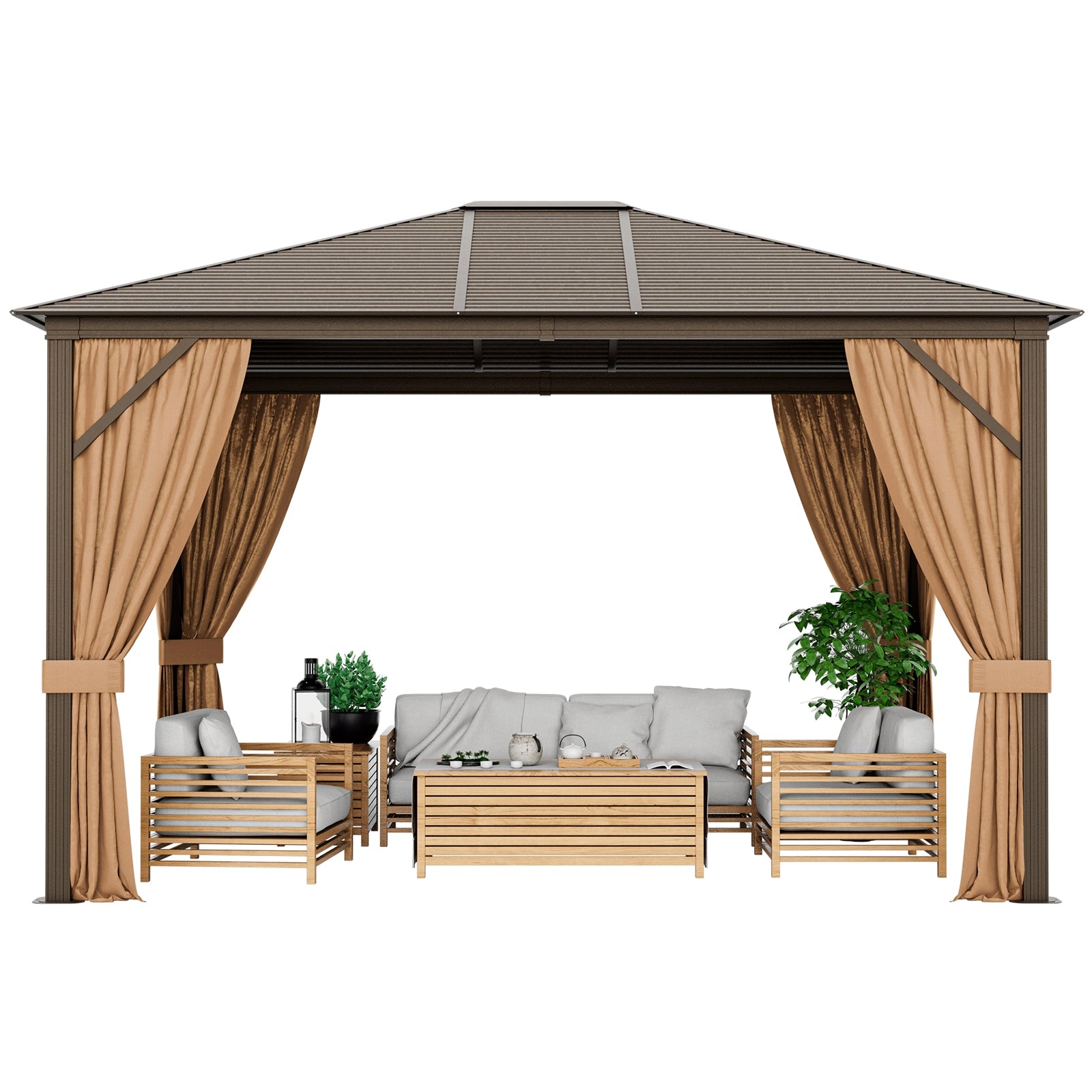 12 x10 Feet Outdoor Hardtop Gazebo with Galvanized Steel Top and Netting, Brown Gazebos at Gallery Canada