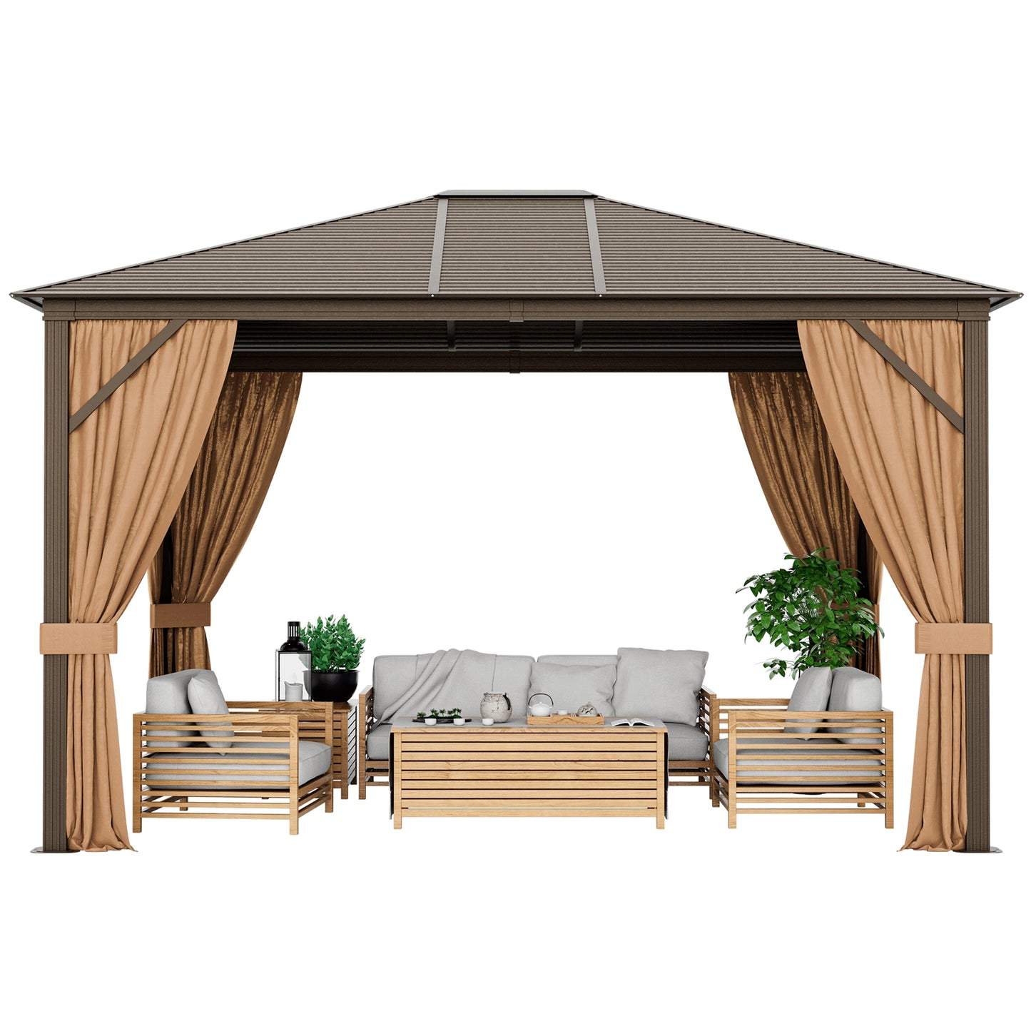 12 x10 Feet Outdoor Hardtop Gazebo with Galvanized Steel Top and Netting, Brown Gazebos at Gallery Canada
