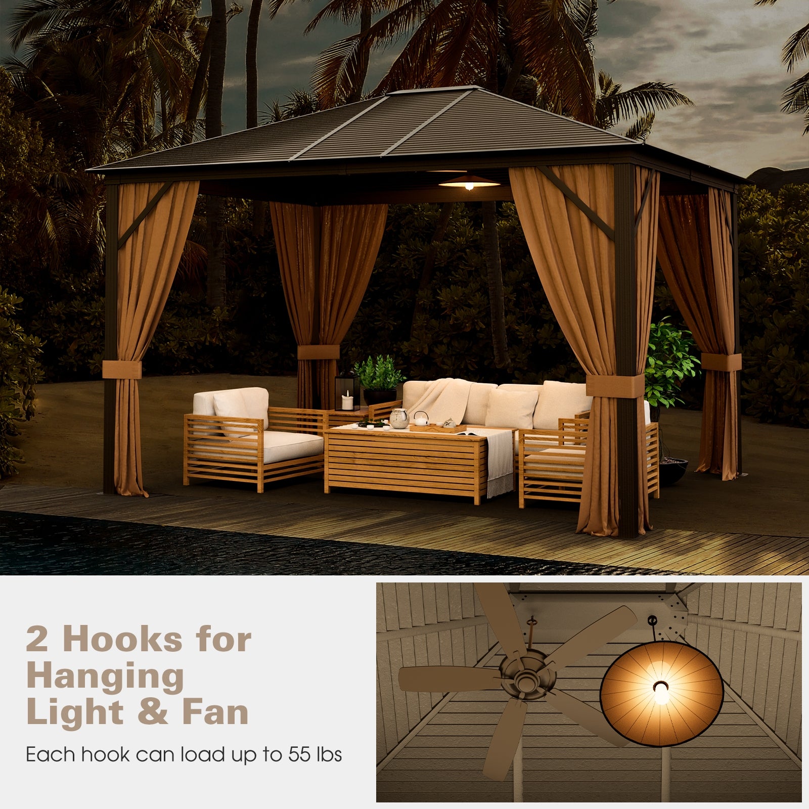 12 x10 Feet Outdoor Hardtop Gazebo with Galvanized Steel Top and Netting, Brown Gazebos at Gallery Canada