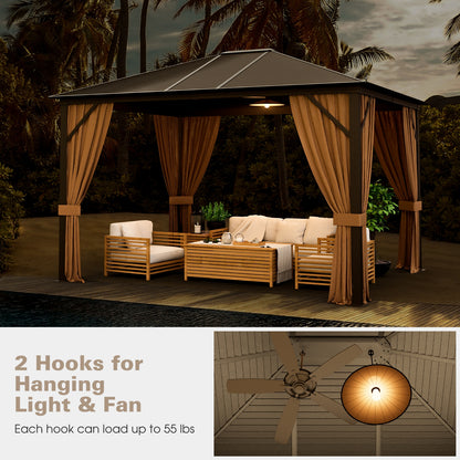 12 x10 Feet Outdoor Hardtop Gazebo with Galvanized Steel Top and Netting, Brown Gazebos at Gallery Canada