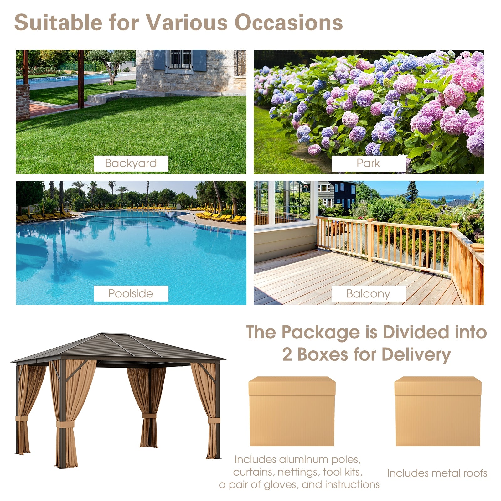 12 x10 Feet Outdoor Hardtop Gazebo with Galvanized Steel Top and Netting, Brown Gazebos at Gallery Canada