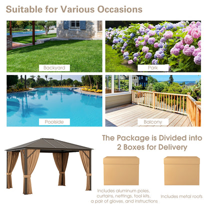 12 x10 Feet Outdoor Hardtop Gazebo with Galvanized Steel Top and Netting, Brown Gazebos at Gallery Canada