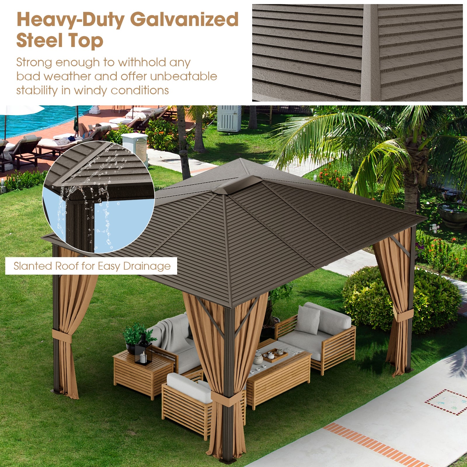 12 x10 Feet Outdoor Hardtop Gazebo with Galvanized Steel Top and Netting, Brown Gazebos at Gallery Canada