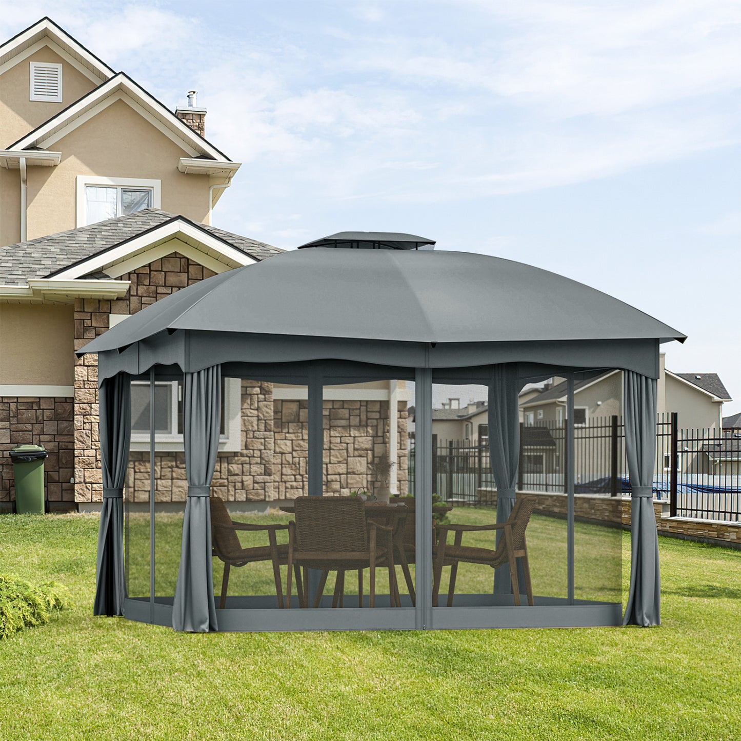 12 x 10 Feet Double Vented Steel Gazebo, Gray
