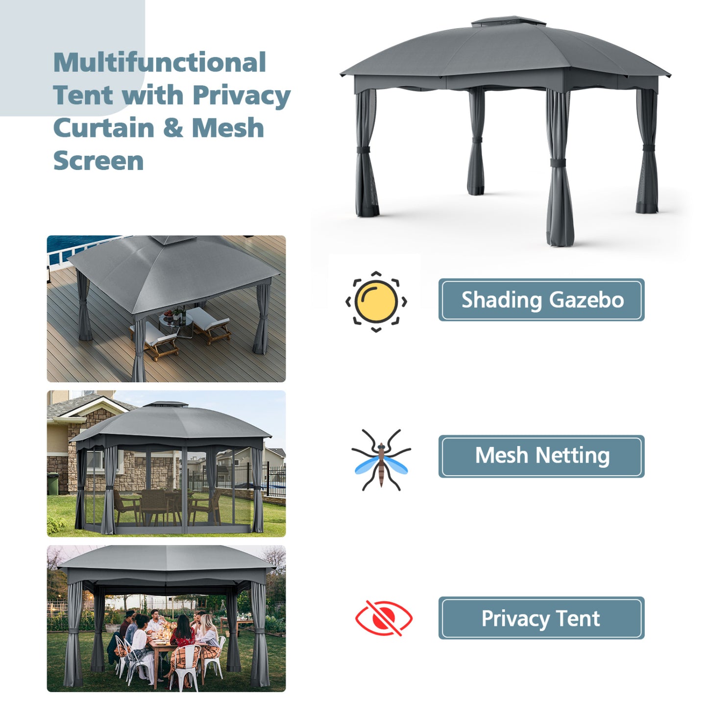 12 x 10 Feet Double Vented Steel Gazebo, Gray