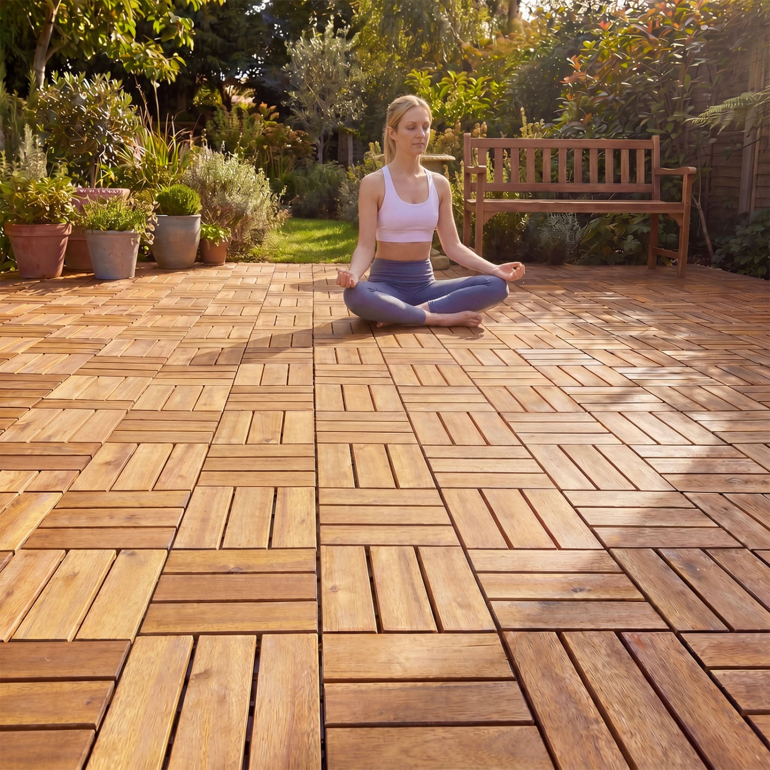 12 x 12 Inch 27 Piece Acacia Wood Interlocking Deck Tiles with Waterproof Design, Natural Decorative Fencing & Flooring at Gallery Canada