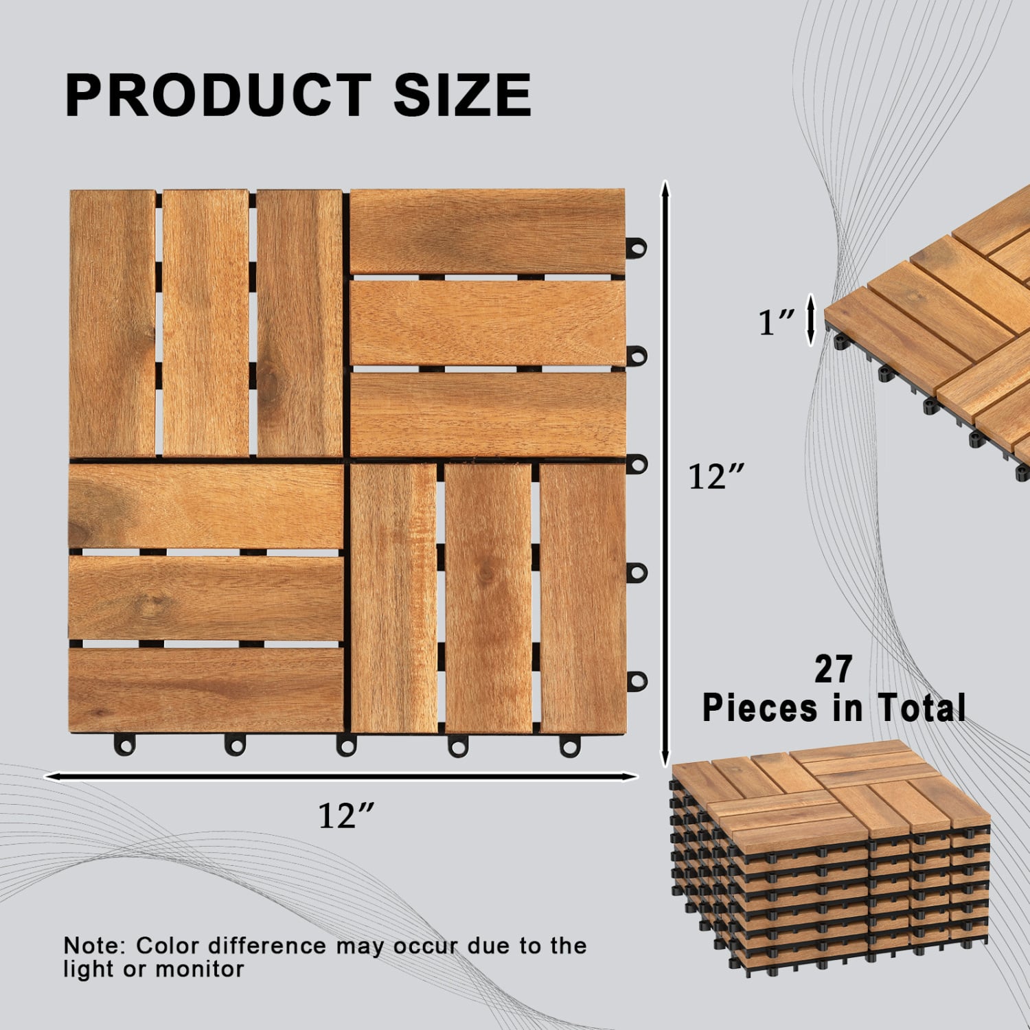 12 x 12 Inch 27 Piece Acacia Wood Interlocking Deck Tiles with Waterproof Design, Natural Decorative Fencing & Flooring at Gallery Canada