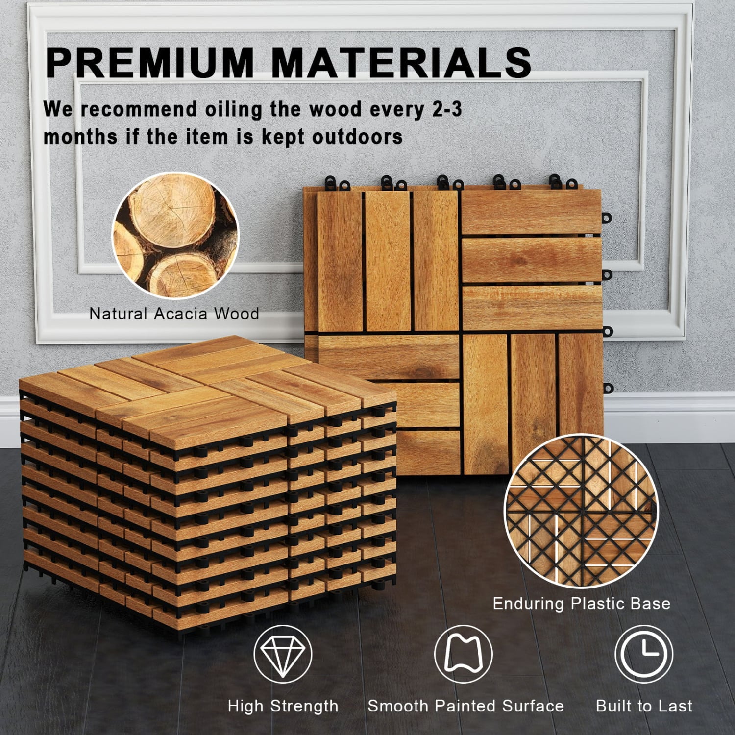 12 x 12 Inch 27 Piece Acacia Wood Interlocking Deck Tiles with Waterproof Design, Natural Decorative Fencing & Flooring at Gallery Canada