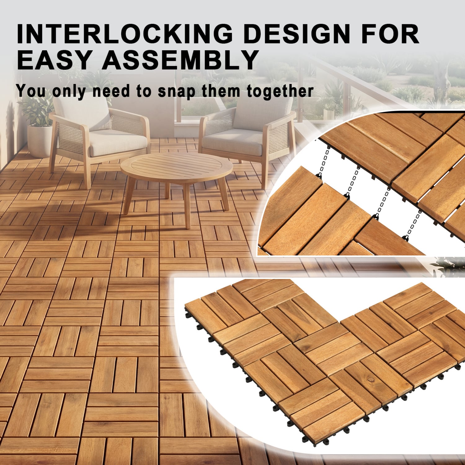 12 x 12 Inch 27 Piece Acacia Wood Interlocking Deck Tiles with Waterproof Design, Natural Decorative Fencing & Flooring at Gallery Canada
