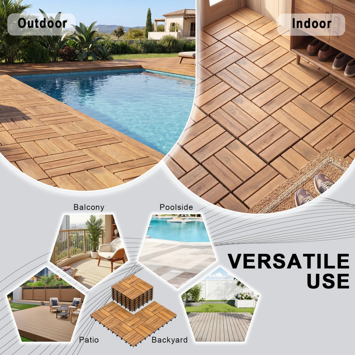 12 x 12 Inch 27 Piece Acacia Wood Interlocking Deck Tiles with Waterproof Design, Natural Decorative Fencing & Flooring at Gallery Canada