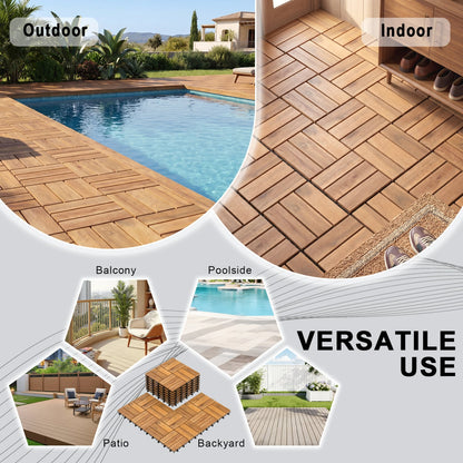 12 x 12 Inch 27 Piece Acacia Wood Interlocking Deck Tiles with Waterproof Design Set of 2, Natural Decorative Fencing & Flooring at Gallery Canada