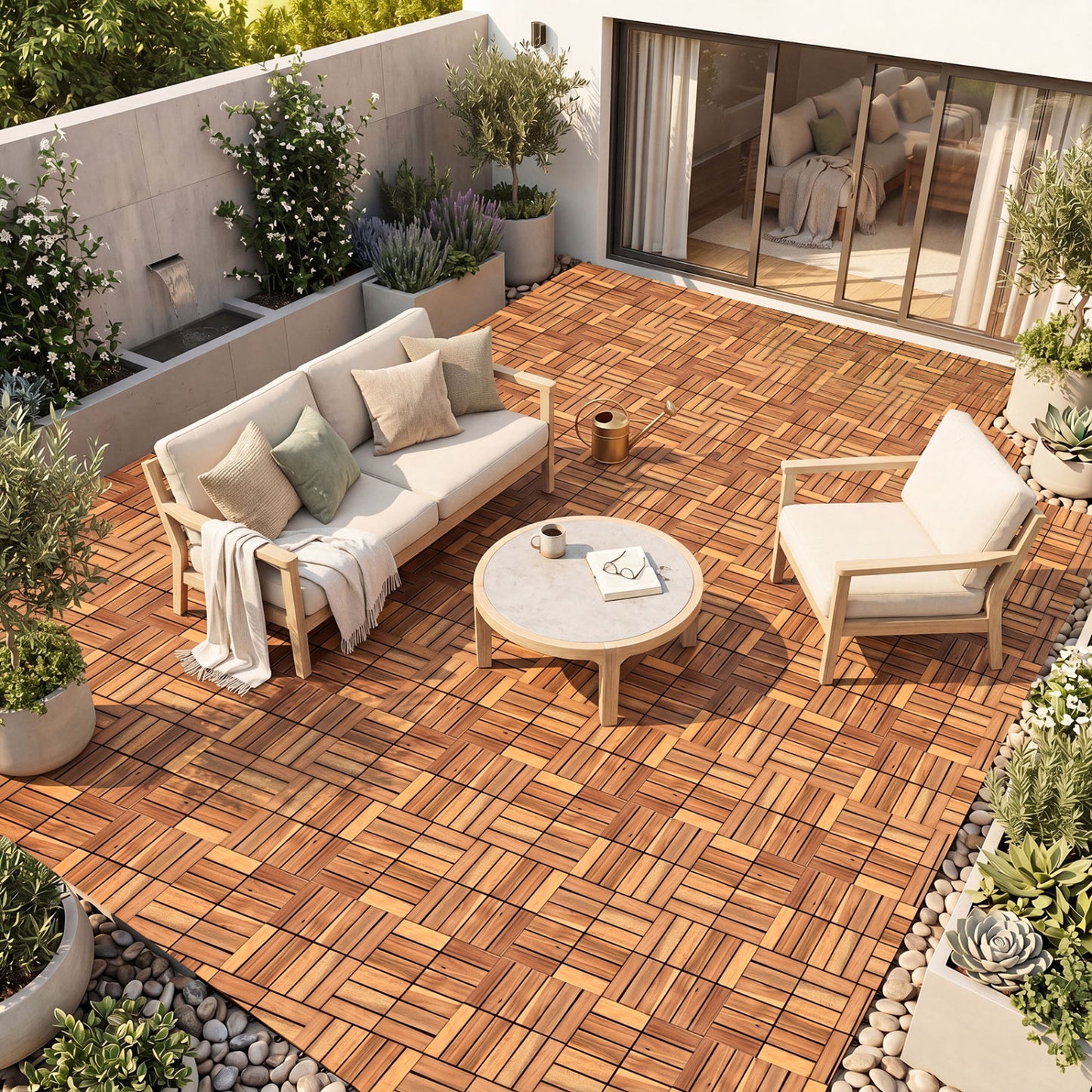 12 x 12 Inch 27 Pieces Acacia Wood Interlocking Deck Tiles, Natural Decorative Fencing & Flooring at Gallery Canada
