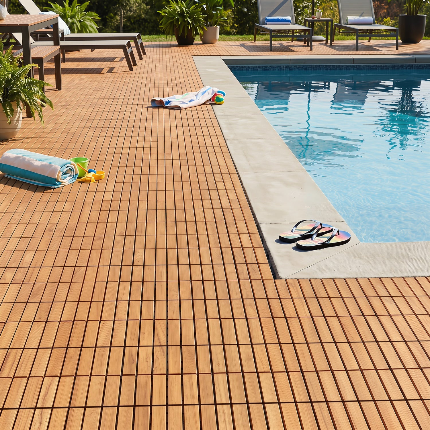 12 x 12 Inch 27 Pieces Acacia Wood Interlocking Deck Tiles, Natural Decorative Fencing & Flooring at Gallery Canada