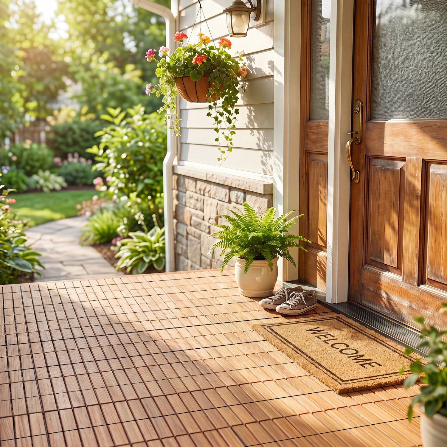 12 x 12 Inch 27 Pieces Acacia Wood Interlocking Deck Tiles, Natural Decorative Fencing & Flooring at Gallery Canada