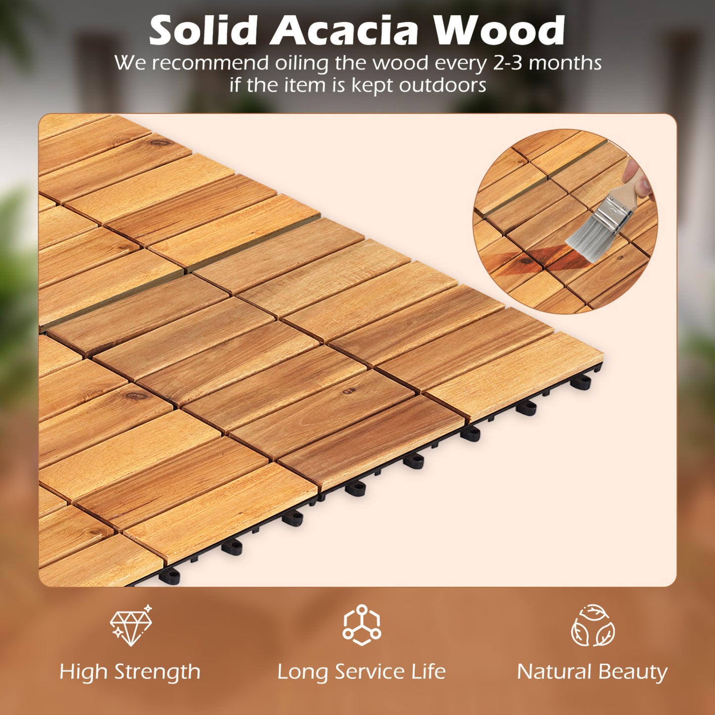12 x 12 Inch 27 Pieces Acacia Wood Interlocking Deck Tiles, Natural Decorative Fencing & Flooring at Gallery Canada