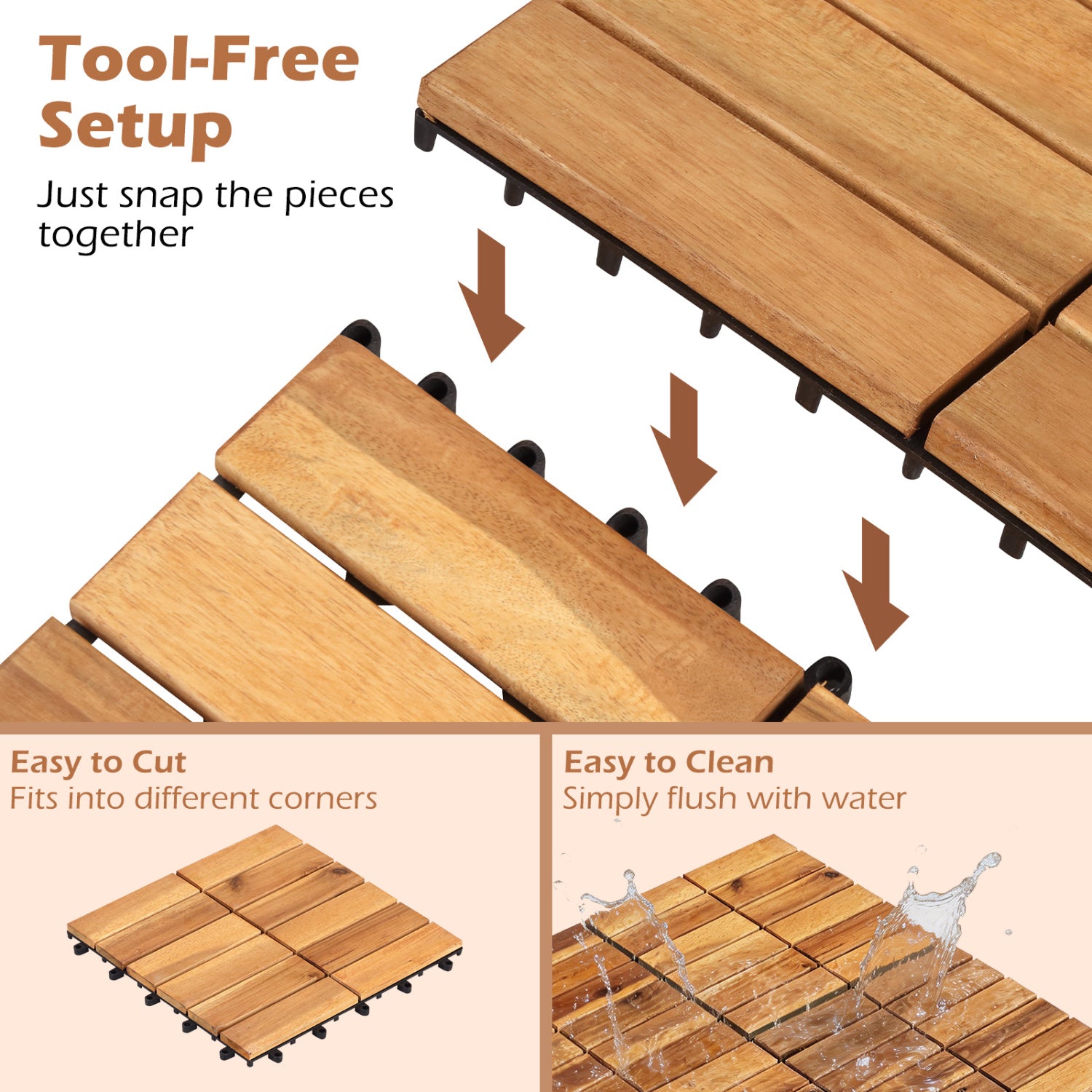 12 x 12 Inch 27 Pieces Acacia Wood Interlocking Deck Tiles, Natural Decorative Fencing & Flooring at Gallery Canada