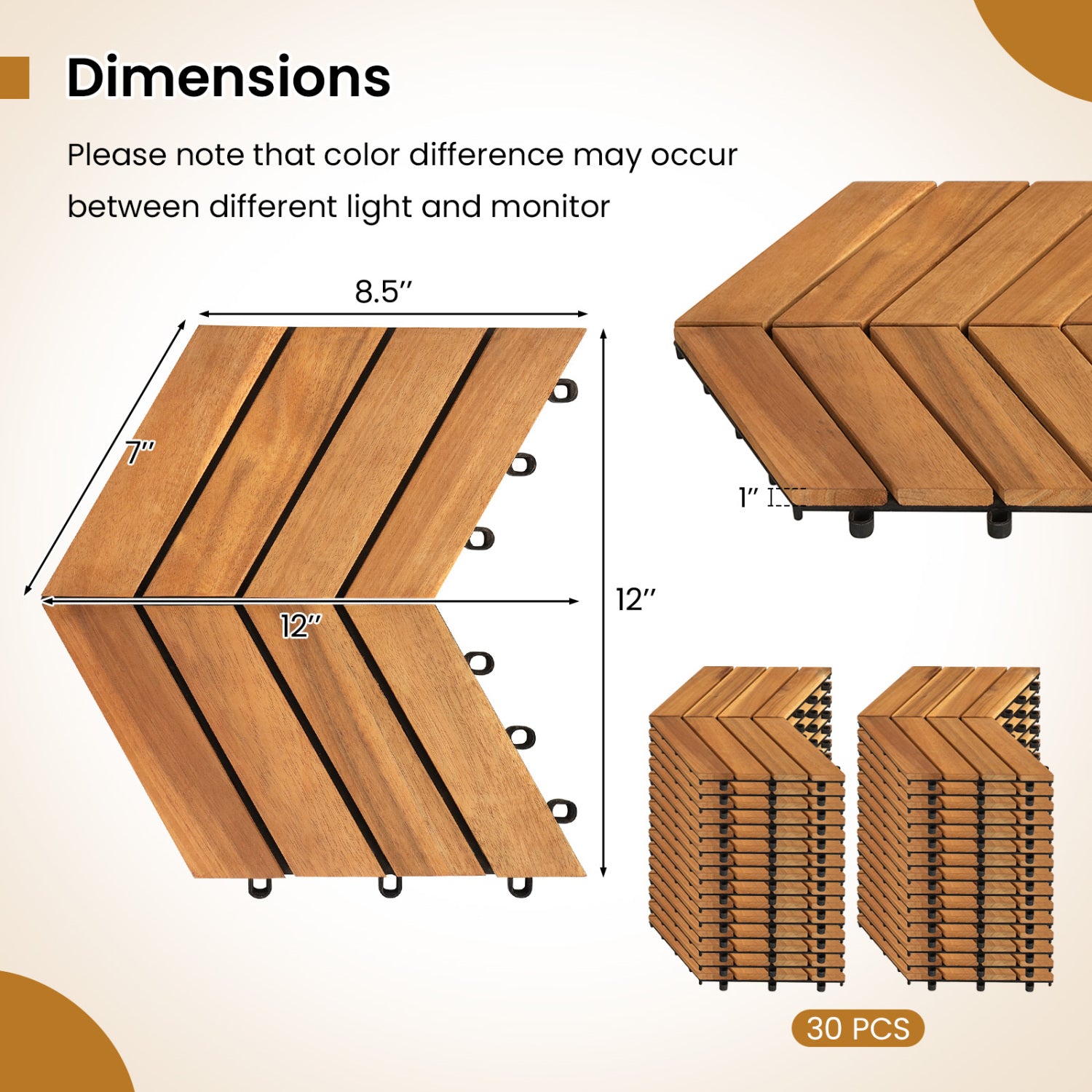 12 x 12 Inch 30 Pieces Acacia Wood Interlocking Deck Tiles- Natural, Natural Decorative Fencing & Flooring at Gallery Canada