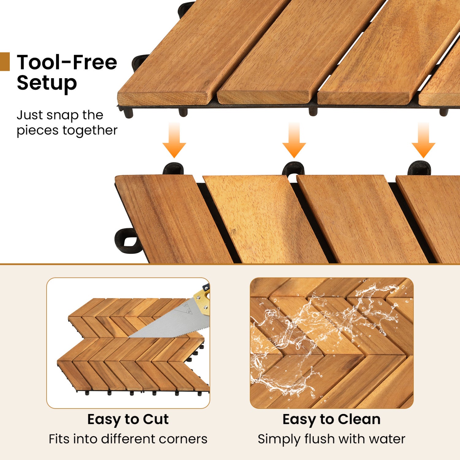 12 x 12 Inch 30 Pieces Acacia Wood Interlocking Deck Tiles- Natural, Natural Decorative Fencing & Flooring at Gallery Canada