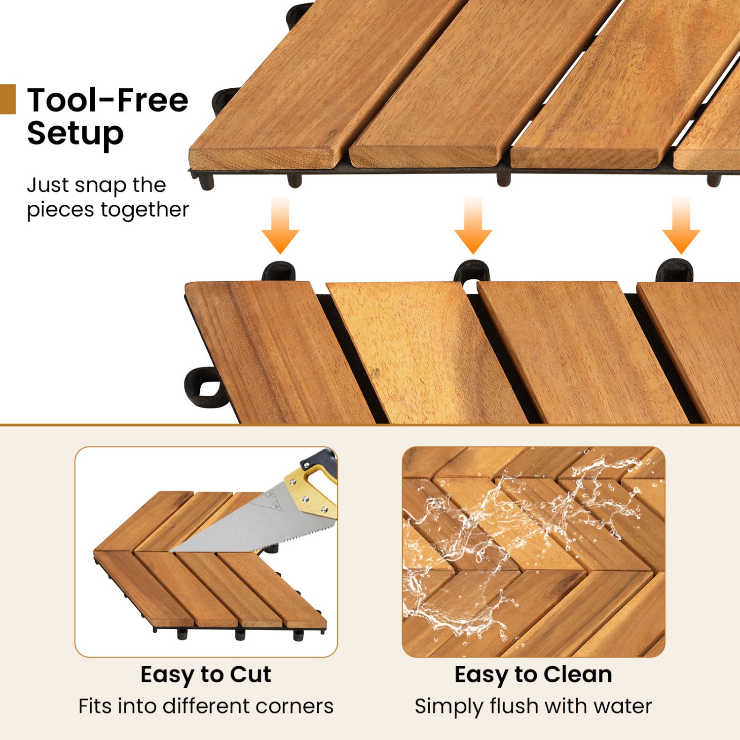 12 x 12 Inch 30 Pieces Acacia Wood Interlocking Deck Tiles- Natural, Natural Decorative Fencing & Flooring at Gallery Canada