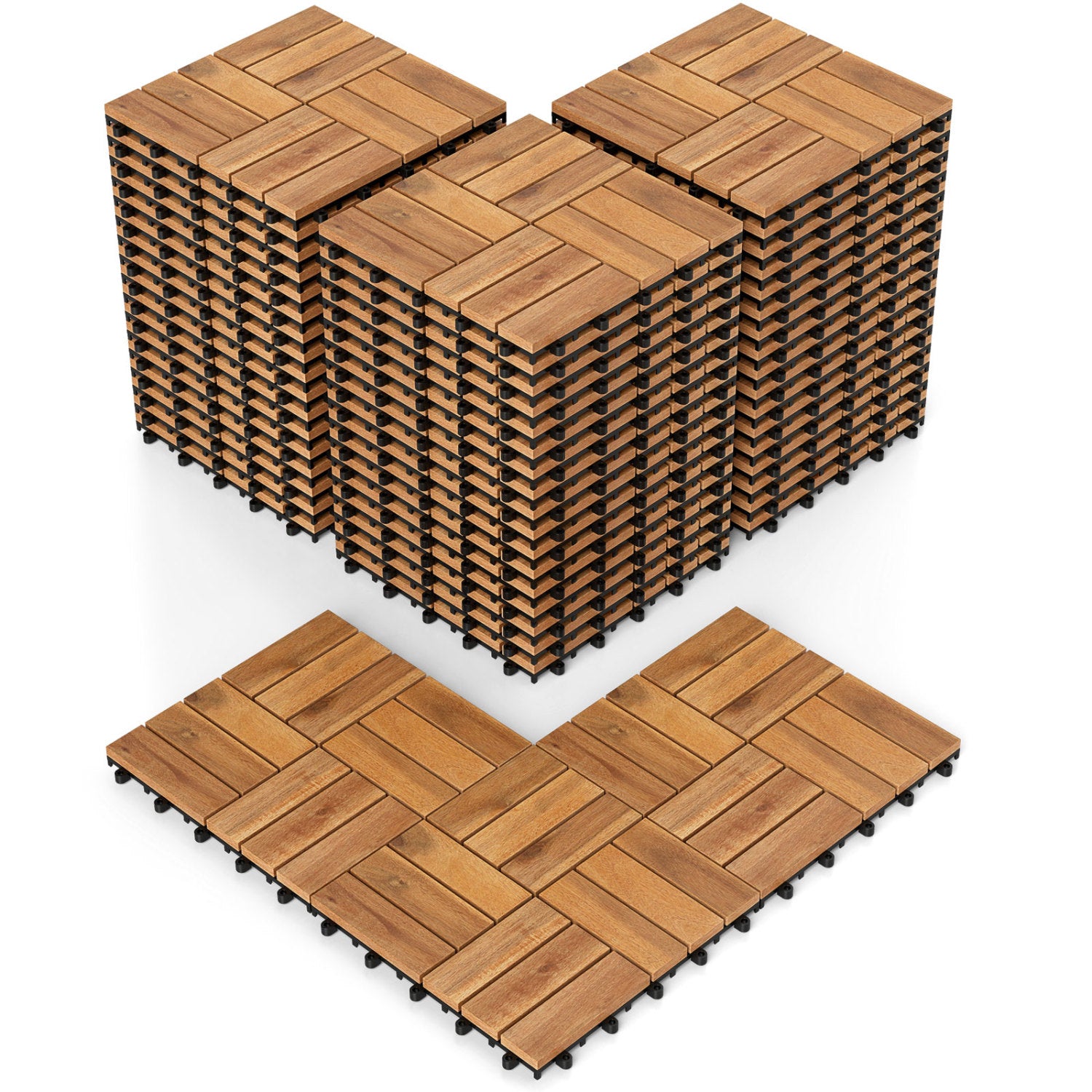 12 x 12 Inch 27 Piece Acacia Wood Interlocking Deck Tiles with Waterproof Design Set of 2, Natural Decorative Fencing & Flooring at Gallery Canada