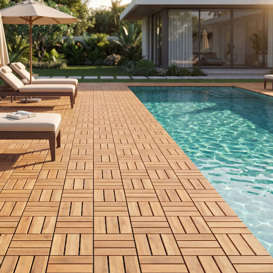 12 x 12 Inch 27 Piece Acacia Wood Interlocking Deck Tiles with Waterproof Design Set of 2, Natural Decorative Fencing & Flooring Natural at Gallery Canada