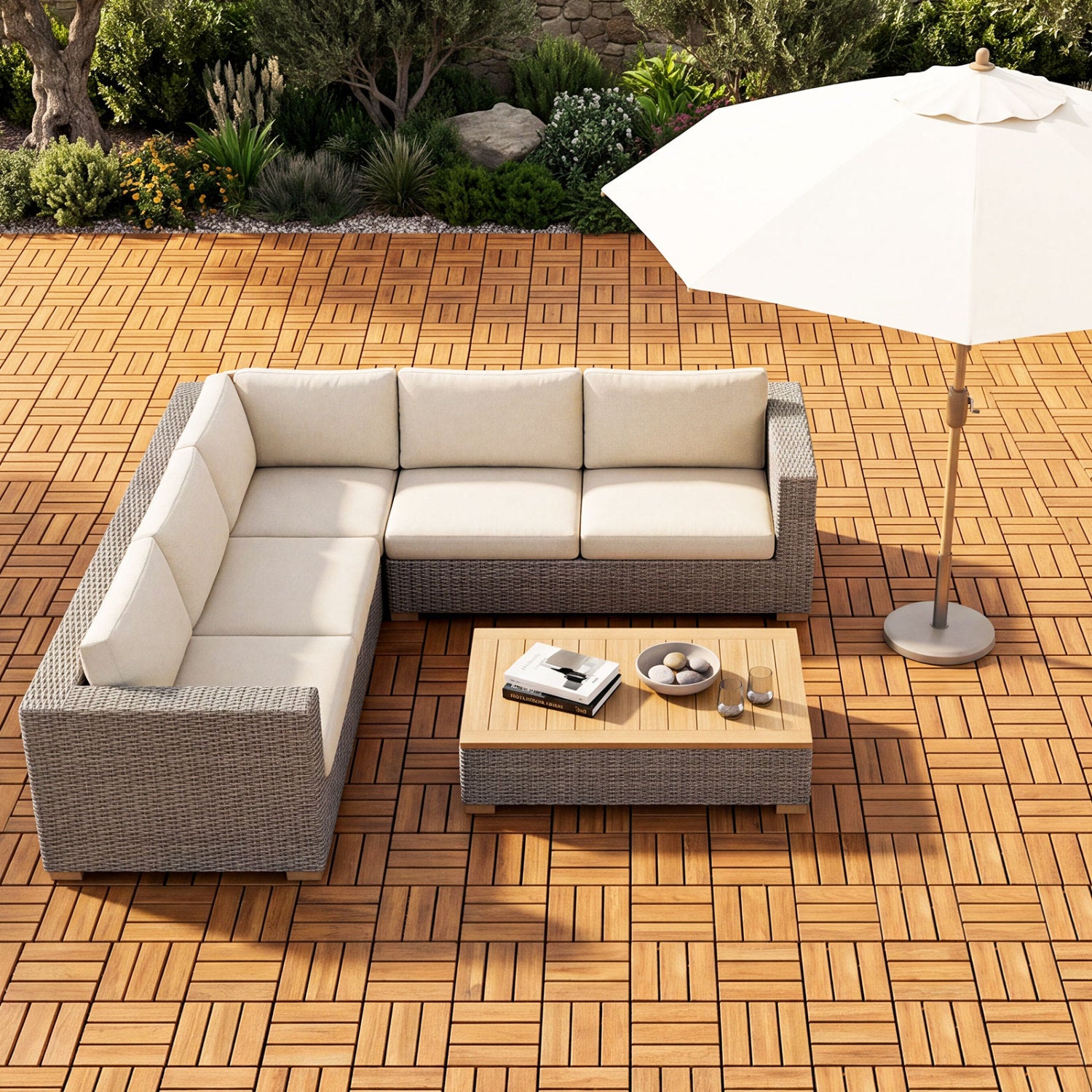 12 x 12 Inch 27 Piece Acacia Wood Interlocking Deck Tiles with Waterproof Design Set of 2, Natural Decorative Fencing & Flooring at Gallery Canada