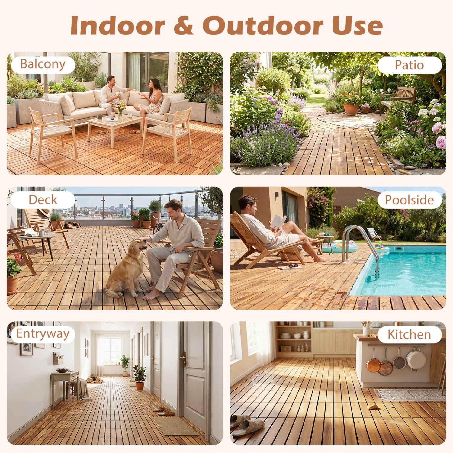 12 x 12 Inch 54 Pieces Acacia Wood Interlocking Deck Tiles with Waterproof Design, Natural Decorative Fencing & Flooring at Gallery Canada