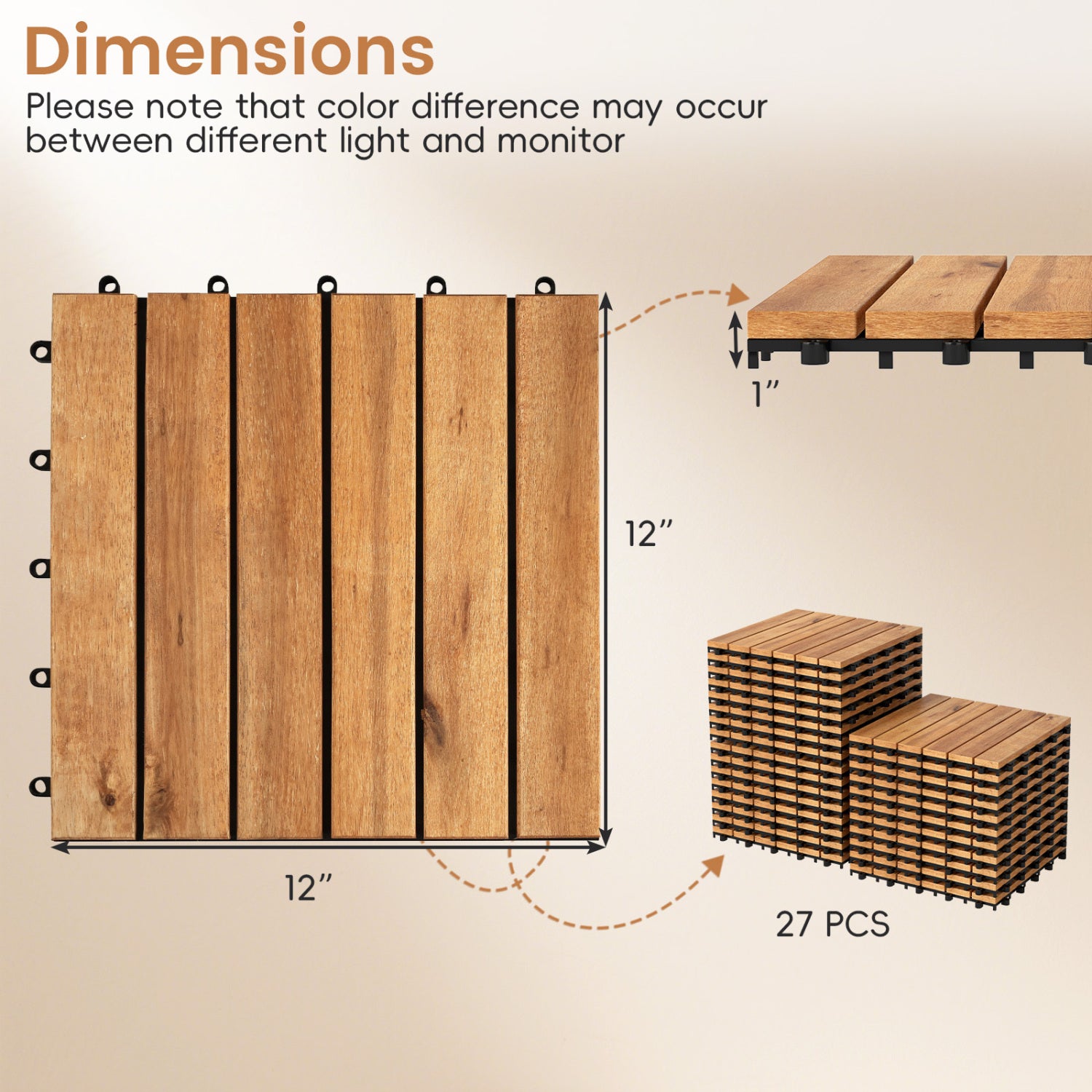 12 x 12 Inch 54 Pieces Acacia Wood Interlocking Deck Tiles, Natural Decorative Fencing & Flooring at Gallery Canada