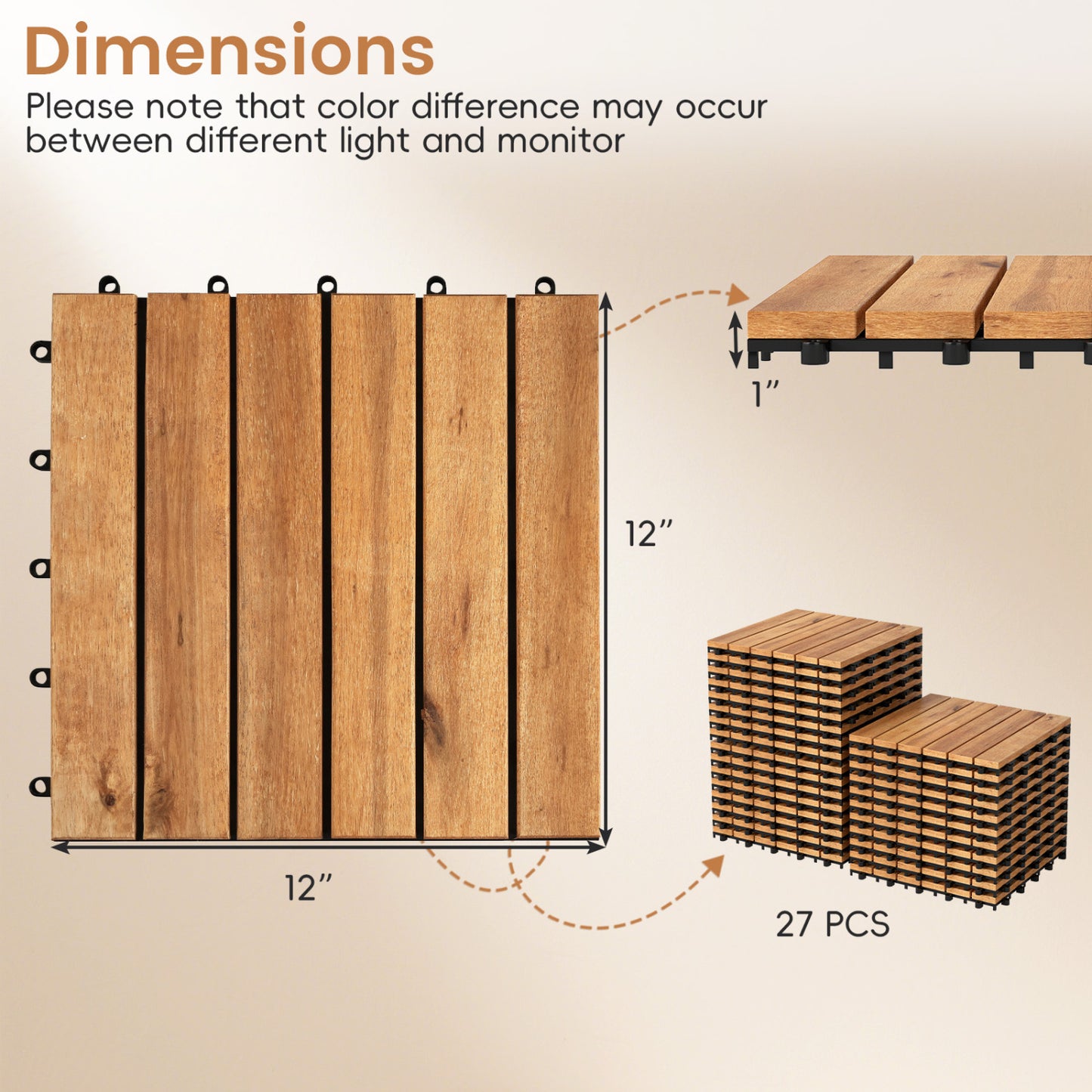 12 x 12 Inch 54 Pieces Acacia Wood Interlocking Deck Tiles, Natural Decorative Fencing & Flooring at Gallery Canada