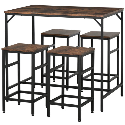 5-Piece Industrial Rectangular Bar Table Set, 4 Stools, Rustic Brown, Brown Bar Sets Black, Rustic Brown at Gallery Canada